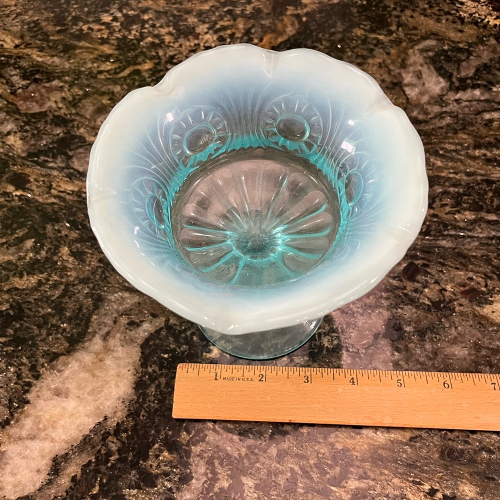 Vintage Fenton Glass Scroll w/ Eye Pattern Opalescent Compote Blue Circa 1960s